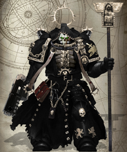 Tormentor-Chaplain Zephon Cadmiel, 'Remorseless Executioner of the Consecrated Shrine', assigned to the 3rd Blade Company ("Dragonslayers").