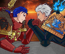 Lancer (Ilyanus) arm wrestles Archer (Spero) from fate series crossover. @Heyitsdarkstar (From Instagram)