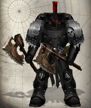Imperius Ravagers Evocatus (Battle-Brother) assigned to a Lancearii (one of the Chapter's elite Close Support Squads), armed with a pair of deadly relic chain-axes.