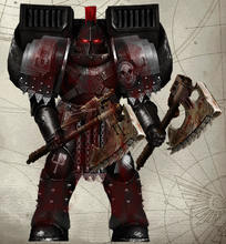 An Imperius Ravagers Evocatus (Battle-Brother) assigned to a Lancearii (one of the Chapter's elite Close Support Squads), armed with a pair of deadly relic chain-axes.