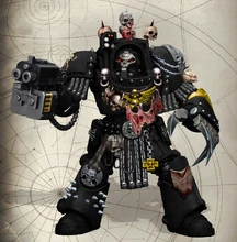 A Murdering Sons Veteran Marine of the elite 1st Company ("Persecutors of Khaine") in Indomitus pattern Terminator Armour and armed with a storm bolter and an archaic pattern lightning claw.