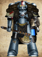 Primal Hunters Elder of the 1st Great Company, 5th Battleline Squad, clad in Mk IV Maximus-Pattern Power Armor, a sacred relic to the Chapter.