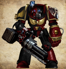 Knights of Aryith Veteran Marine of the 1st Company arrayed in relic Indomitus pattern Terminator Armour and armed with an Assault Cannon and relic Power Fist.