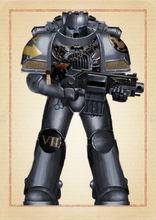 Venators Battle-Brother of the 7th Crusade Company, 1st Battleline Squad, clad in Mk IVΔ "Oberon" Sub-Pattern Power Armour. The Venators are noted for their use of this ancient and rare Sub-Pattern.