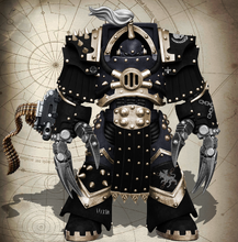 Hounds of Kerberos Myrmillo Terminator arrayed in relic Cataphractii Terminator Armour, wielding an ancient Reaver pattern chain-axe.