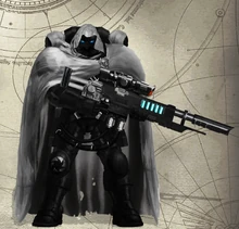 A Shadow Talons Dominus (Sergeant) Tyris Delaan fulfilling the role of an elite Vanguard Eliminator. Note: No visible company or squad markings except the specialty unit symbol.