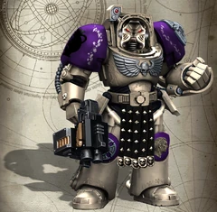 Dionysus Revellers Veteran Marine Julianus Calpurnius Eliphas arrayed in relic Indomitus pattern Terminator Armour.