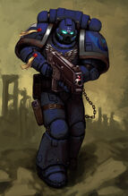 Lunar Guard Space Marine walks on the ruins of the imperial city.