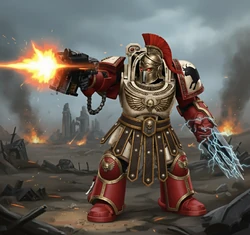 Sons of Ares Praetorian Guard arrayed in relic Terminator Armour, in the heat of battle.