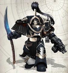 Storm Riders Khökh Sülde (Veteran Marine) of the elite Kheshig of the 1st Khural ("Sable Crescent Brotherhood"), 7th Tsagaan Kharuul Arban (Veteran Squad), wielding a Guan Dao, a traditional Chogorian glaive (power lance).