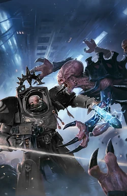 Voidborne First Company battles Genestealers during the First Tyrannic War.