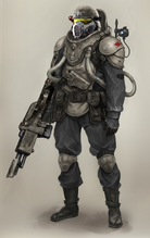 A 3rd Scoanerth Marines trooper wearing modified carapace armour for both aquatic and void warfare.