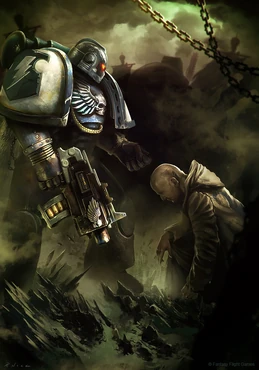 A Space Marine of the Storm Wardens Chapter gives orders to his mortal serf