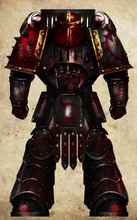 A World Eaters Rampager Sergeant Legionary Askar Vaan of the 3rd Assault Company, Unknown Squad, donning a artificer-made Mark IIIא "Shi" Power Armour with the extension of the advanced Phaeton Pattern Heavy Lift Jump Pack. Note: this Legionary's armour is covered from head to toe in viscera and splatter of blood, indicating a previous encounter with a World Eater, not to mention Askar Vaan's loyalty to the Traitor's cause has earned him a spot within the Red Hand Destroyer Assault Squads.