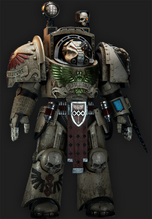 A Dark Angels Apothecary of the Chapter's elite Deathwing Company, arrayed in relic Indomitus pattern Terminator Armour.