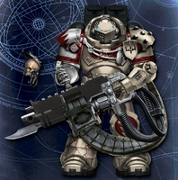 A Lesovik of the 6th Pillar of Wisdom wielding a Heavy Bolter with a feedchute attached to his power pack.