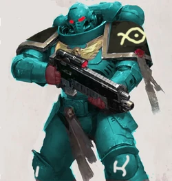 A Sigma Aons Primaris Intercessor in the heat of battle.
