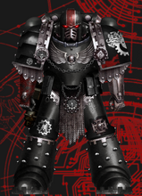 Iron Captain Mortikah Abelardus, commander of Clan Mogh (2nd Clan Company). Note: Binaric language is engraved upon the right vambrace and left inset. Rank designation engraved upon helmet. Clan Company icon is displayed on the right poleyn (knee guard).