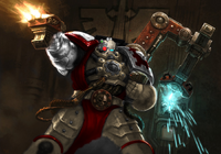 Steelmason Farruk engages an unknown enemy during a Space Hulk expedition whilst donning an ancient MKIII variant of Techmarine Armour