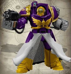 Emperor's Knights Knight (Veteran Marine) of the elite 1st Brotherhood ("Champions of Calibros"), arrayed in relic Indomitus pattern Terminator Armour with a salvaged power fist during the Cadian Gate War.