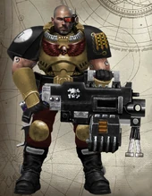 Gatekeepers Scout Marine Gald Lycatrad of the 10th Century, 2rd Scout Squad armed with a heavy bolter.