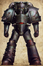 Sons of Horus Chieftain arrayed in variant pattern Mk IV Power Armour, initially issued to Reaver squads around the time of the Isstvan V Dropsite Massacre. This pattern incorporates elements of armour design reminiscent of the warring gang-tribes of Cthonia and the Eye of the Warmaster icon in its form. This battle-plate is further equipped with an advanced Phaeton pattern heavy lift jump pack.