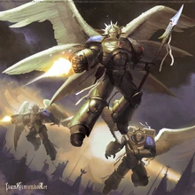 Chapter Master Serahylon, accompanied by his Sanguinim, in mid-air combat.