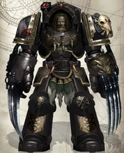 Gunnar Redblade, Varangian Guard of Redmaw Thorvall Gnarlfang, Jarl of Onn (1st Great Company) of the Bloodied Hunters Chapter. He is arrayed in Nihilus "Mk II" pattern Terminator Armour and armed with a pair of deadly Wolf Claws.