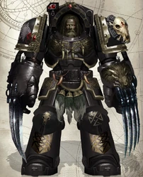 Gunnar Redblade, Varangian Guard of Redmaw Thorvall Gnarlfang, Jarl of Sveit Onn (Great Company One). Gunnar is arrayed in Mk II 'Nihilus' pattern Terminator Armour and armed with a pair of deadly Wolf Claws. Note: Terminator Armour is heavily modified and incorporates elements of both Indomitus pattern Terminator Armour and Mark X Gravis Power Armour.