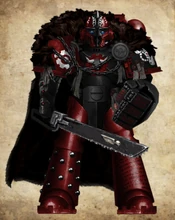 Clan Lord Gaerwulf, the Æscban, of Clan Isirmund wielding his chainsword and power-fist.