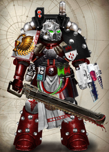 Blood Priest Sai Khordad of the Blood Vultures' 5th Company ('Sentinels of Regark') arrayed in relic Mark V 'Heresy' pattern battle-plate. Note: Blood Priest iconography on left poleyn (knee guard). Four blood drops on the tilting shield on his left pauldron indicate battlefield transfusions that have left him close to death, but from which he subsequently recovered.