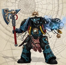 A Murdering Sons Librarian arrayed in relic Indomitus pattern Terminator Armour and armed with a master-crafted Force Axe and vambrace-mounted Storm Bolter. Note: Unlike Librarians of other Chapters, the Murdering Sons do not obscure their Chapter's livery. Instead, to recognise their unique gifts, the Chapter's battle-psykers paint the armour of their right arm in the Librarians' trademark blue colour.