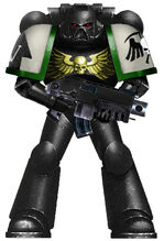 Battle-Brother of the Champions of Thanatos Chapter. The colour of the shoulder pauldron trim indicates company assignment, in this case, the 4th Company.