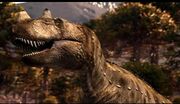 Ceratosaurus starts on roaring against two Stegosaurus.