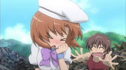 Rena blushes at Jirō and Miyo's suggestion that she and Keiichi are "strengthening their bonds