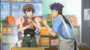 Yoshirō showing the swimming trunks