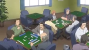 The old man, Ōishi, Akasaka and Rena playing in the Mahjong Parlor