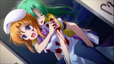 Rena brings an injured Mion to Keiichi's place