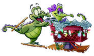 Swampy giving her a ride on some sort of shopping cart and sled