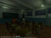 Reversed Ghost (Mi-suk) (using a Myung-suk Placeholder model) in default T-Pose stance in the middle of a classroom.