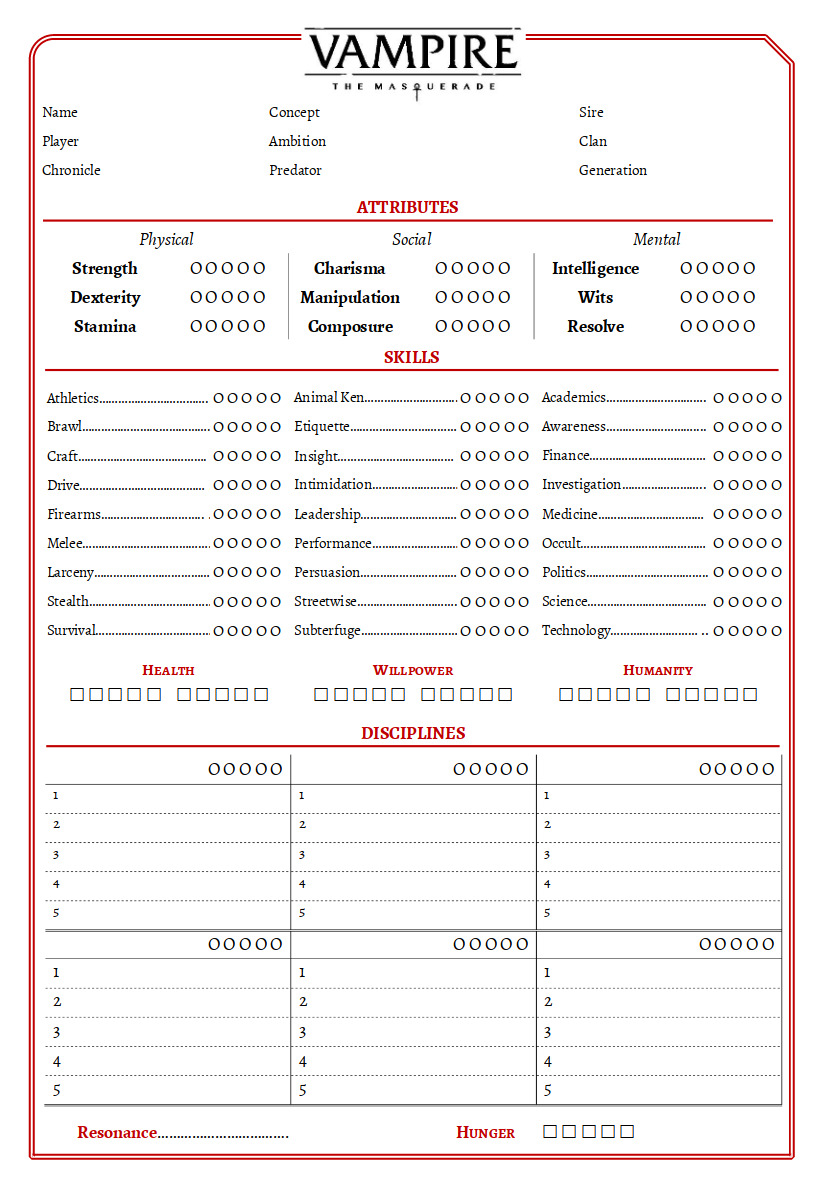 old World of Darkness - Vampire the Masquerade character sheet for