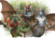 Typical Fera from the New World around 1500 CE. Mokolé on the left, from Shattered Dreams, art by Brian LeBlanc.