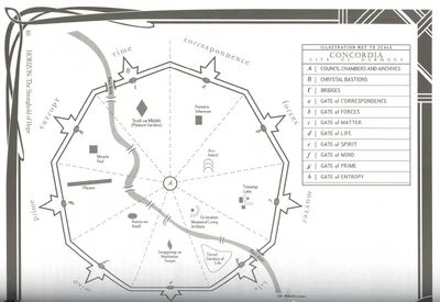 A simple map of Concordia. Horizon's central city and HQ of the traditions