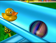 A CGI duck about to lay a big egg
