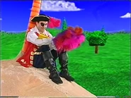 Captain Feathersword on a palm tree