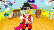 Cartoon Captain eating fish and chips