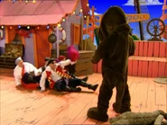 Captain Feathersword and his crew falling down