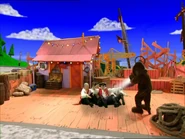 Wags blowing Captain Feathersword and his crew