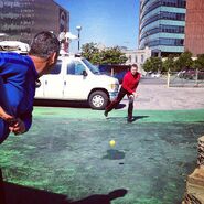 Simon and Anthony playing cricket