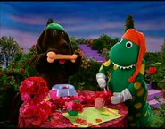 Wags and Dorothy having breakfast.